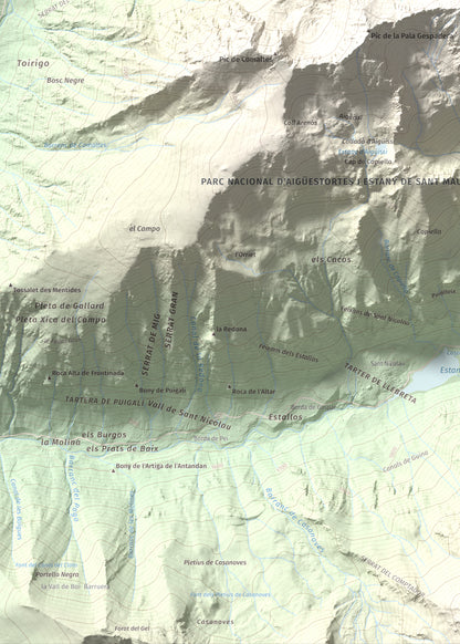 Mapa de relieve de Pic de la Pala Alta de Sarradé, 2983 m, Alta Ribagorça, lámina 100 Cims de Trobart. Detalle de la zona inferior izquierda. 50 × 70 cm.