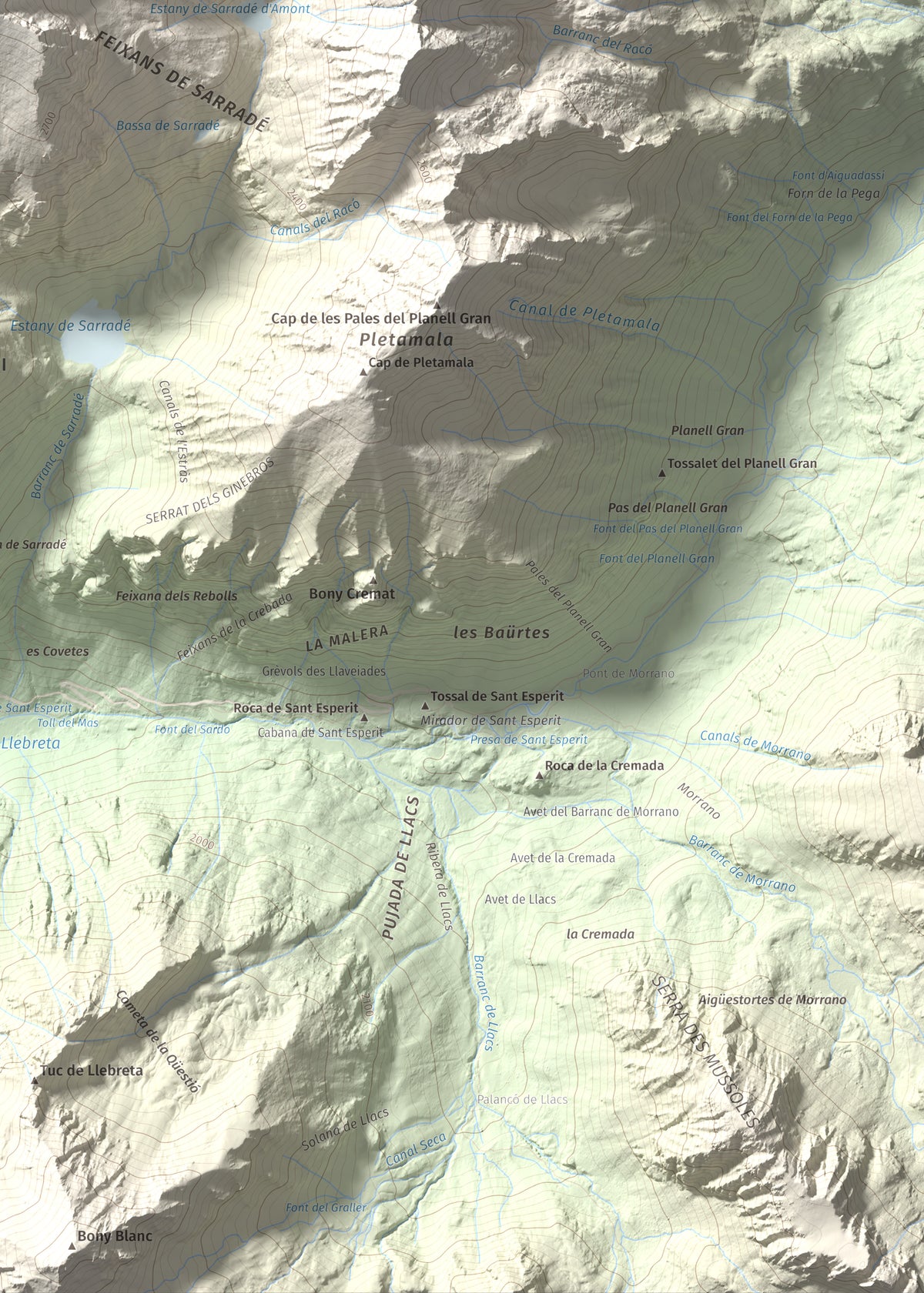 Mapa de relieve de Pic de la Pala Alta de Sarradé, 2983 m, Alta Ribagorça, lámina 100 Cims de Trobart. Detalle de la zona inferior derecha. 50 × 70 cm.