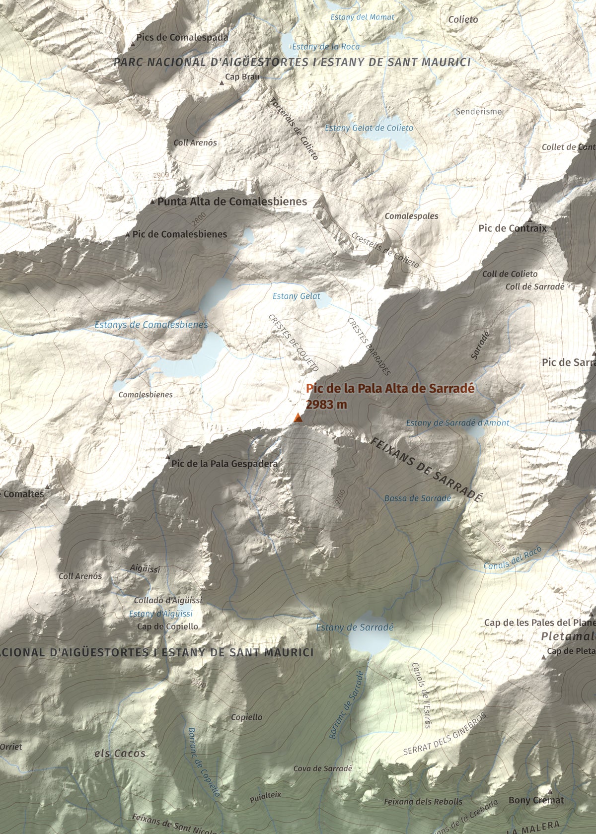 Mapa de relieve de Pic de la Pala Alta de Sarradé, 2983 m, Alta Ribagorça, lámina 100 Cims de Trobart. Detalle de la zona central. 50 × 70 cm.