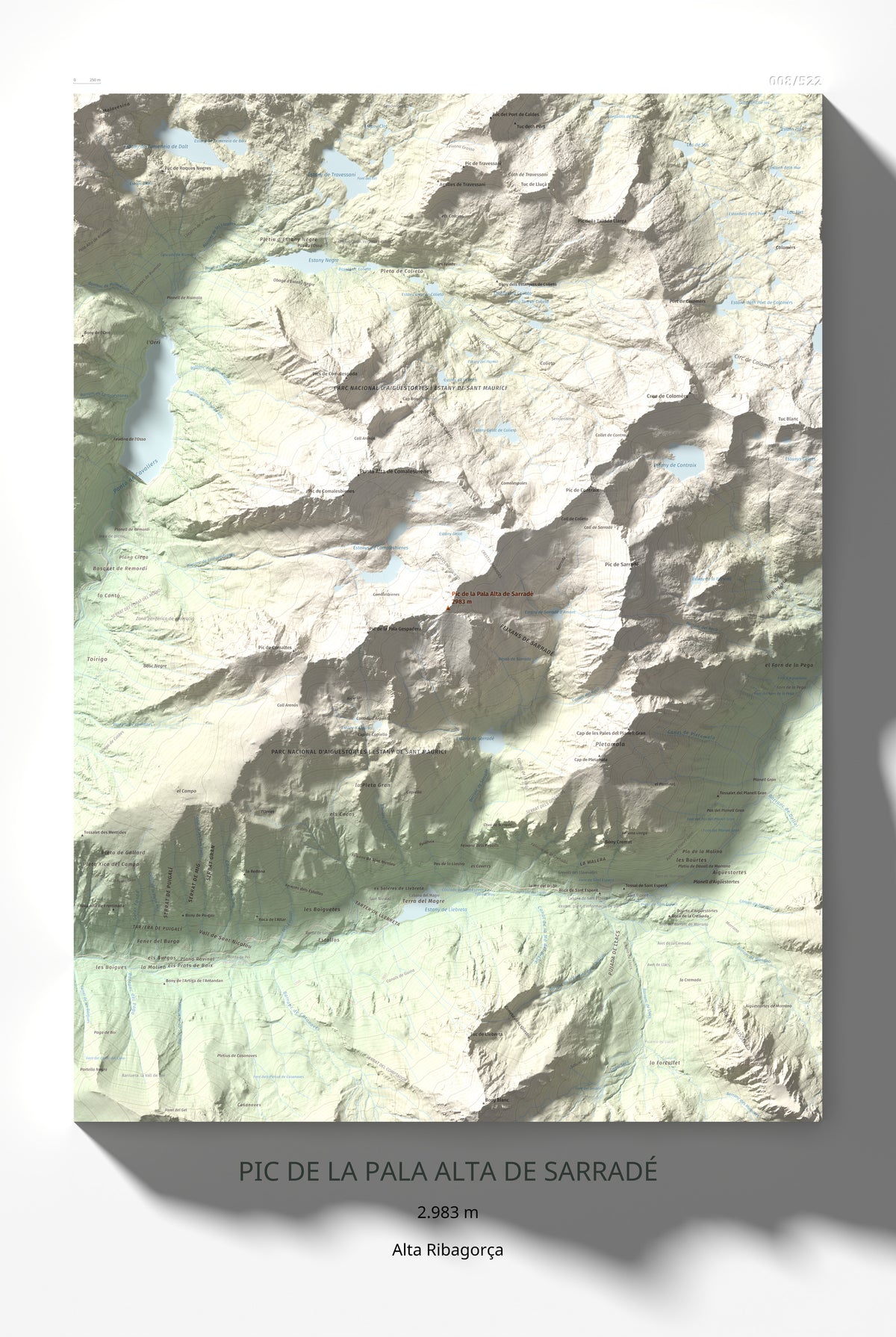Mapa de relieve de Pic de la Pala Alta de Sarradé, 2983 m, Alta Ribagorça, lámina 100 Cims de Trobart 61 × 91 cm.