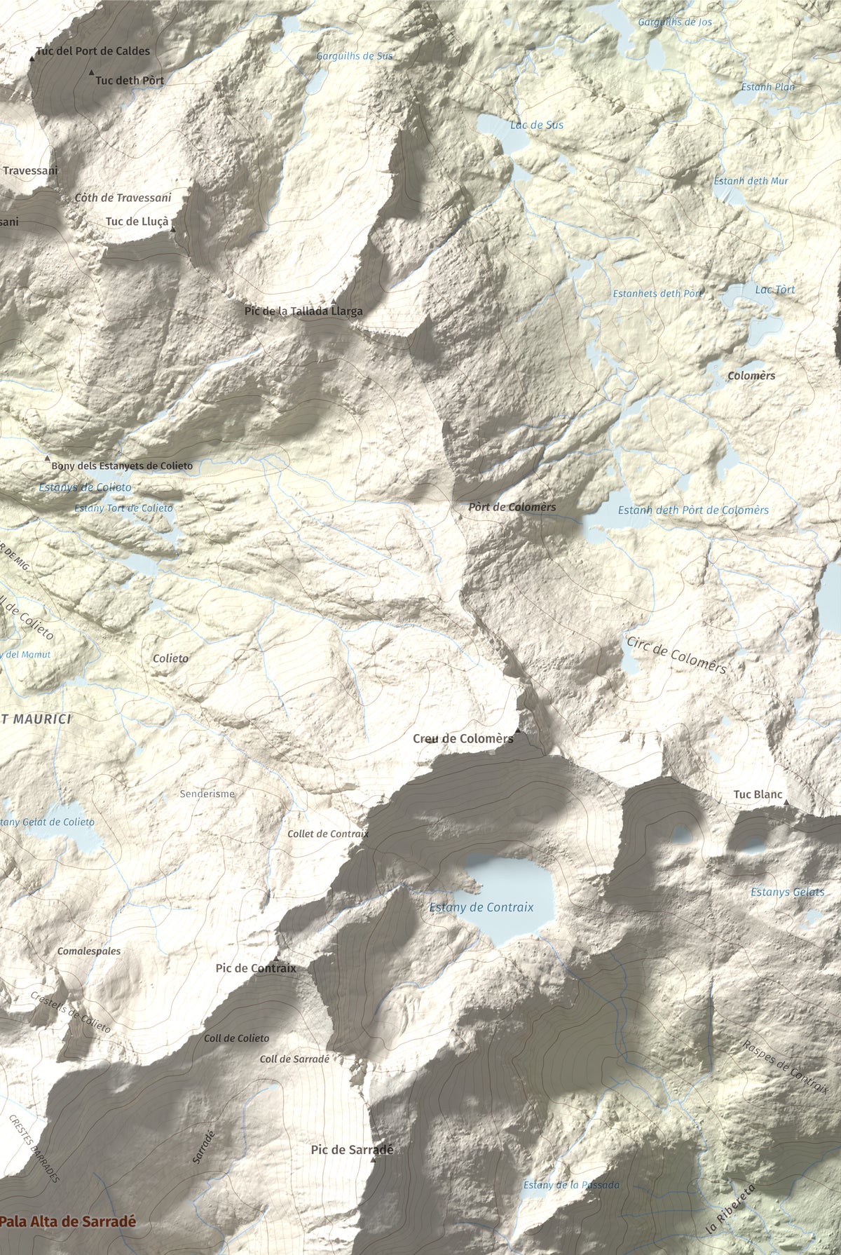 Mapa de relieve de Pic de la Pala Alta de Sarradé, 2983 m, Alta Ribagorça, lámina 100 Cims de Trobart. Detalle de la zona superior derecha. 61 × 91 cm.
