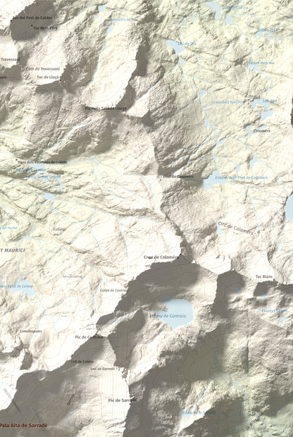 Mapa de relieve de Pic de la Pala Alta de Sarradé, 2983 m, Alta Ribagorça, lámina 100 Cims de Trobart. Detalle de la zona superior derecha. 61 × 91 cm.