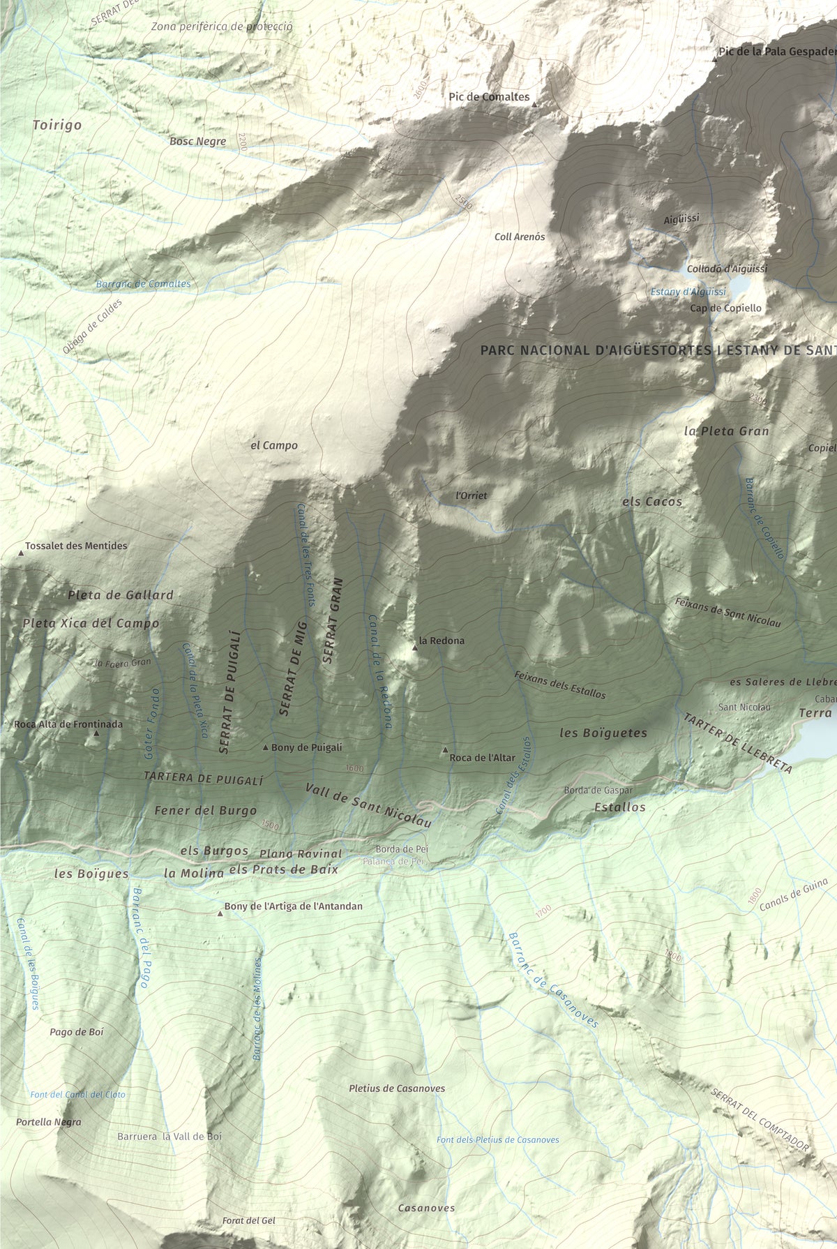 Mapa de relieve de Pic de la Pala Alta de Sarradé, 2983 m, Alta Ribagorça, lámina 100 Cims de Trobart. Detalle de la zona inferior izquierda. 61 × 91 cm.