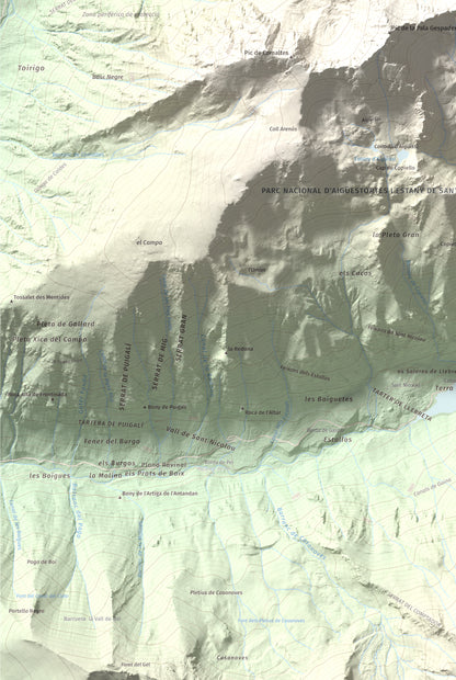 Mapa de relieve de Pic de la Pala Alta de Sarradé, 2983 m, Alta Ribagorça, lámina 100 Cims de Trobart. Detalle de la zona inferior izquierda. 61 × 91 cm.