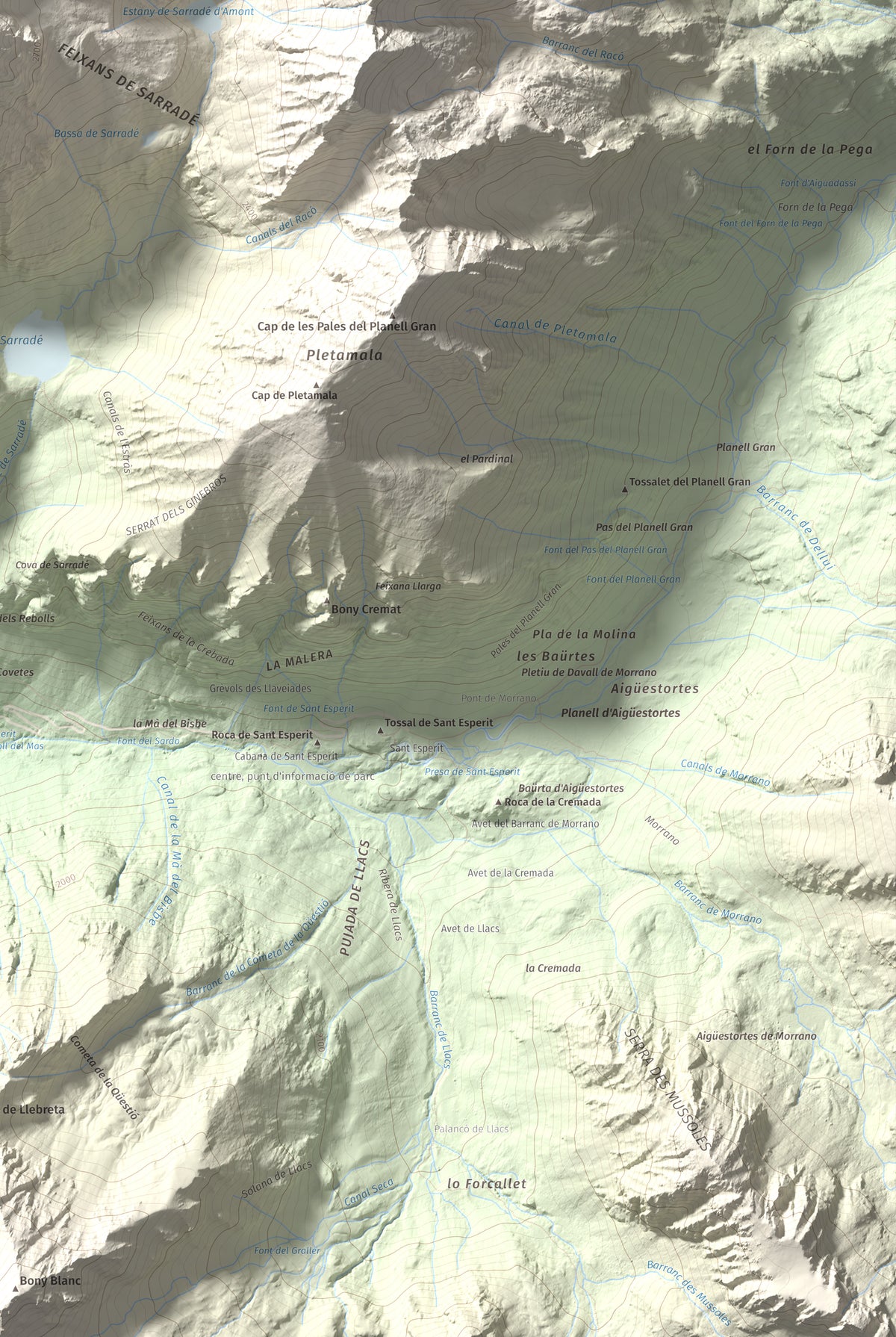 Mapa de relieve de Pic de la Pala Alta de Sarradé, 2983 m, Alta Ribagorça, lámina 100 Cims de Trobart. Detalle de la zona inferior derecha. 61 × 91 cm.