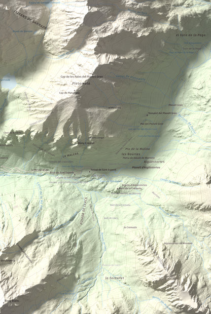 Mapa de relieve de Pic de la Pala Alta de Sarradé, 2983 m, Alta Ribagorça, lámina 100 Cims de Trobart. Detalle de la zona inferior derecha. 61 × 91 cm.