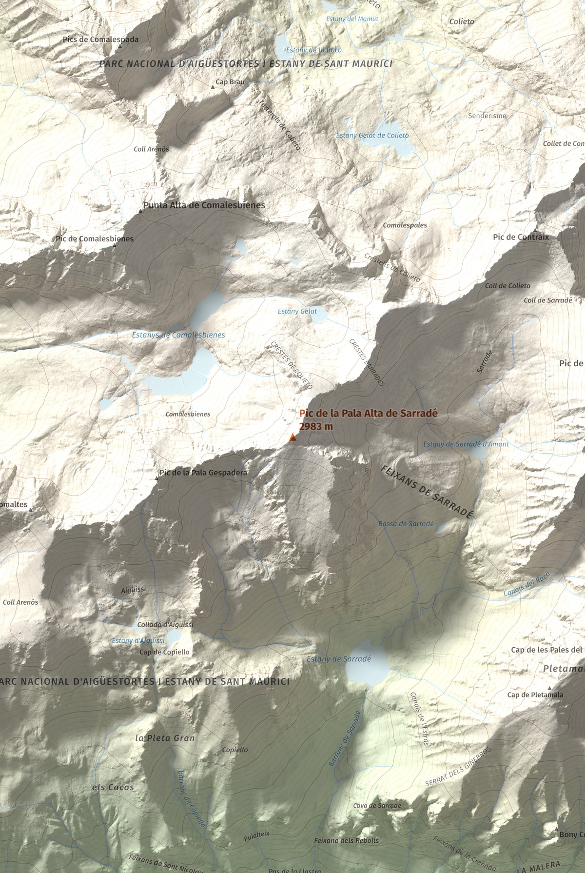 Mapa de relieve de Pic de la Pala Alta de Sarradé, 2983 m, Alta Ribagorça, lámina 100 Cims de Trobart. Detalle de la zona central. 61 × 91 cm.
