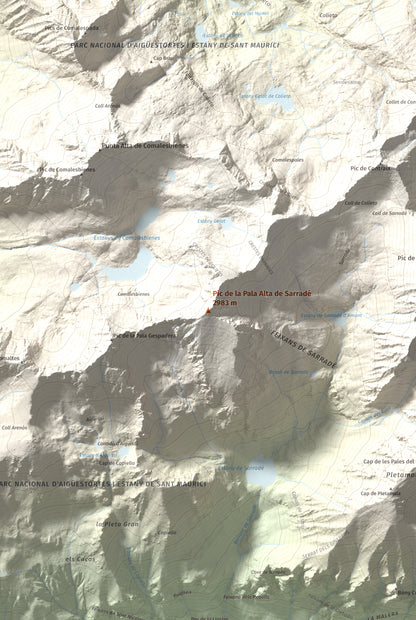 Mapa de relieve de Pic de la Pala Alta de Sarradé, 2983 m, Alta Ribagorça, lámina 100 Cims de Trobart. Detalle de la zona central. 61 × 91 cm.