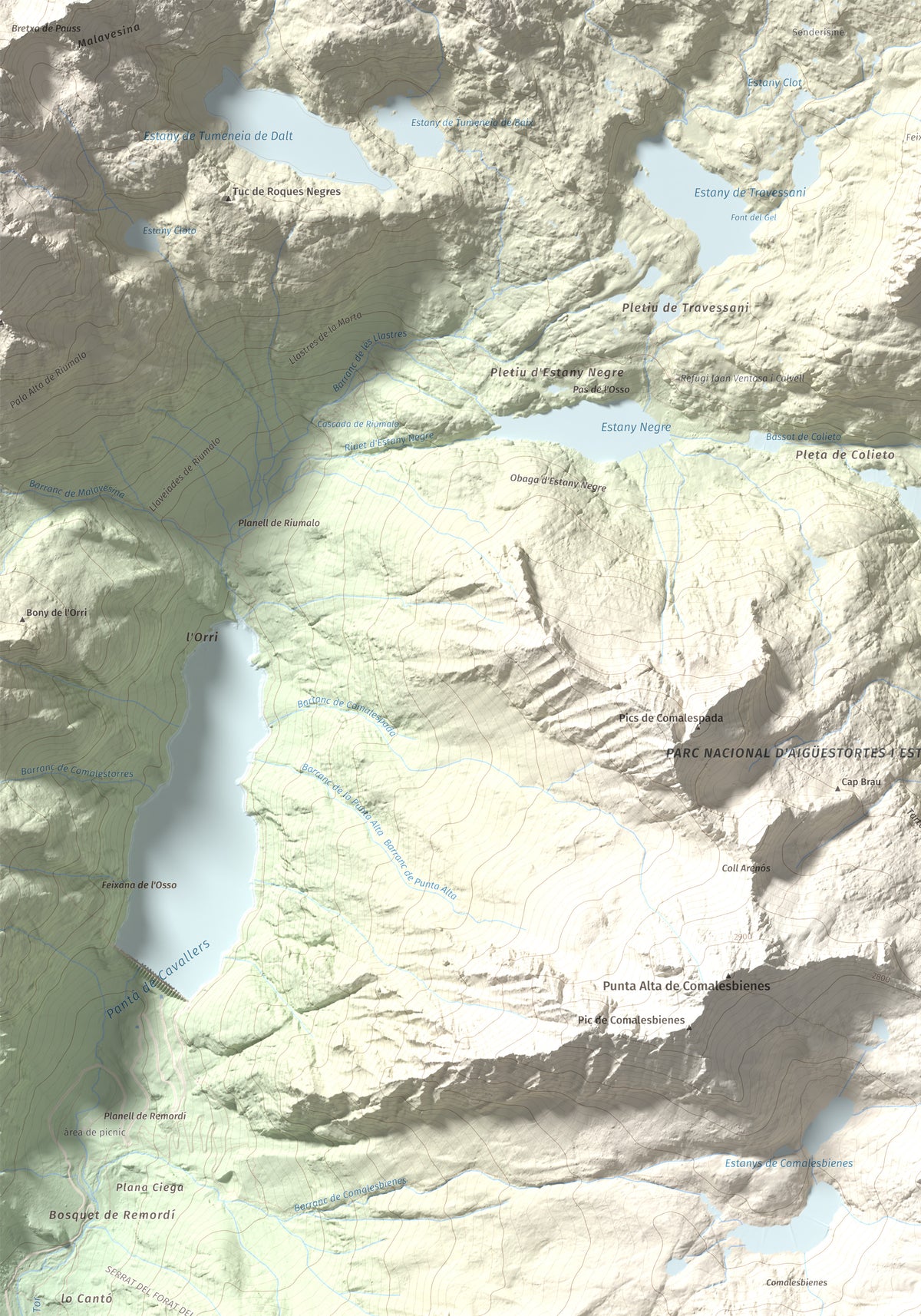 Mapa de relieve de Pic de la Pala Alta de Sarradé, 2983 m, Alta Ribagorça, lámina 100 Cims de Trobart. Detalle de la zona superior izquierda. 70 × 100 cm.