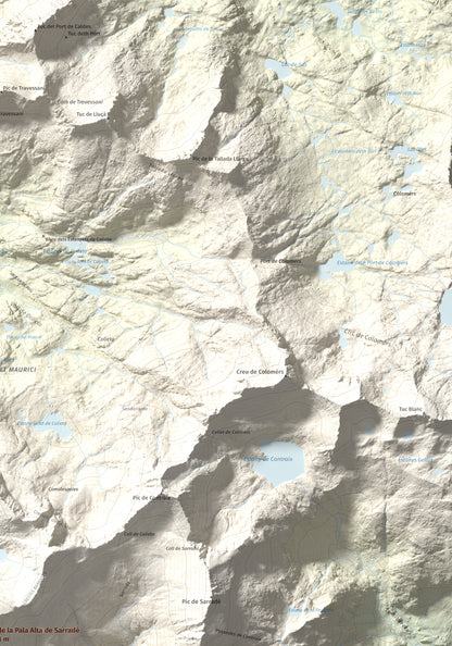 Mapa de relieve de Pic de la Pala Alta de Sarradé, 2983 m, Alta Ribagorça, lámina 100 Cims de Trobart. Detalle de la zona superior derecha. 70 × 100 cm.