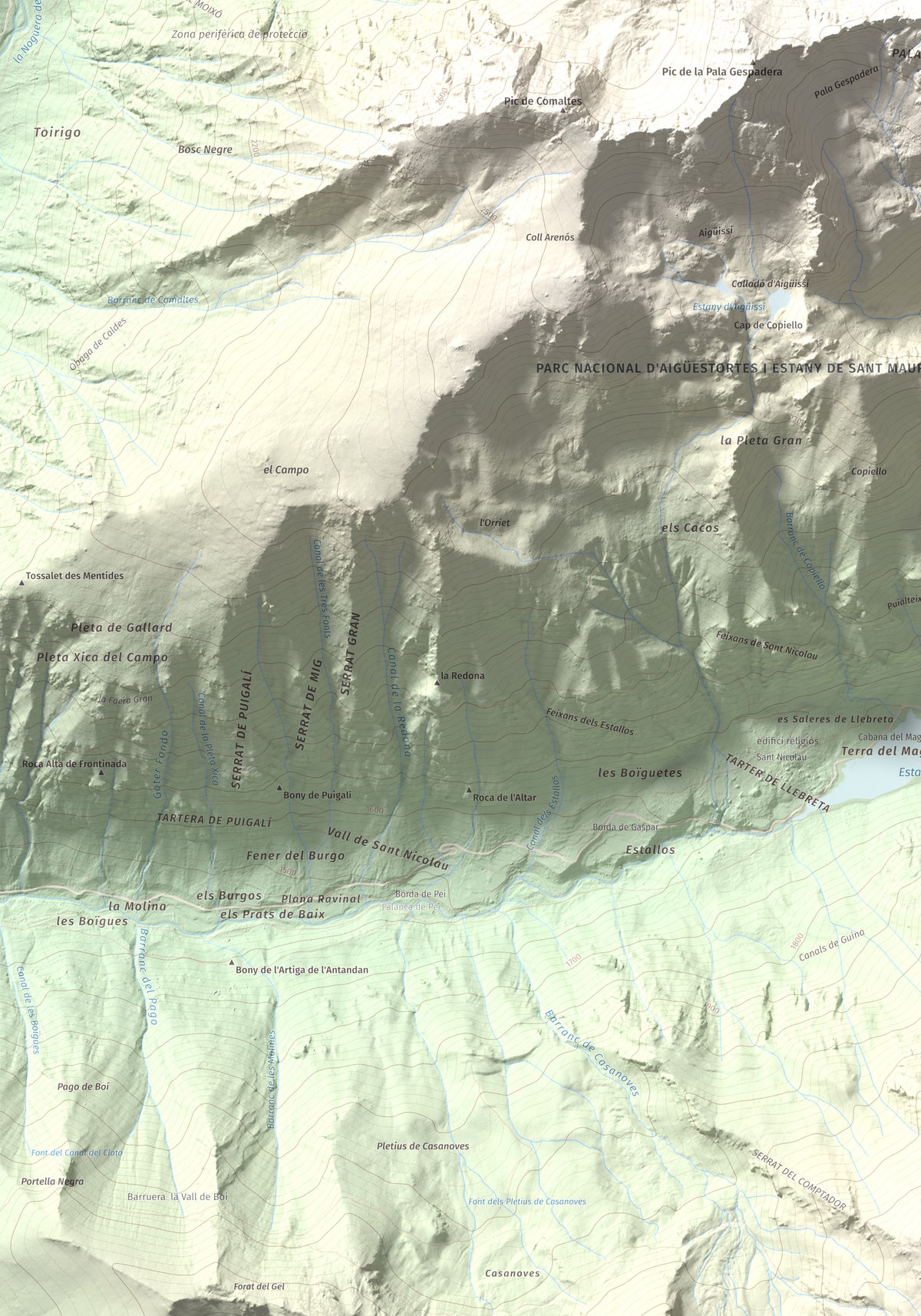 Mapa de relieve de Pic de la Pala Alta de Sarradé, 2983 m, Alta Ribagorça, lámina 100 Cims de Trobart. Detalle de la zona inferior izquierda. 70 × 100 cm.