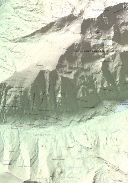 Mapa de relieve de Pic de la Pala Alta de Sarradé, 2983 m, Alta Ribagorça, lámina 100 Cims de Trobart. Detalle de la zona inferior izquierda. 70 × 100 cm.