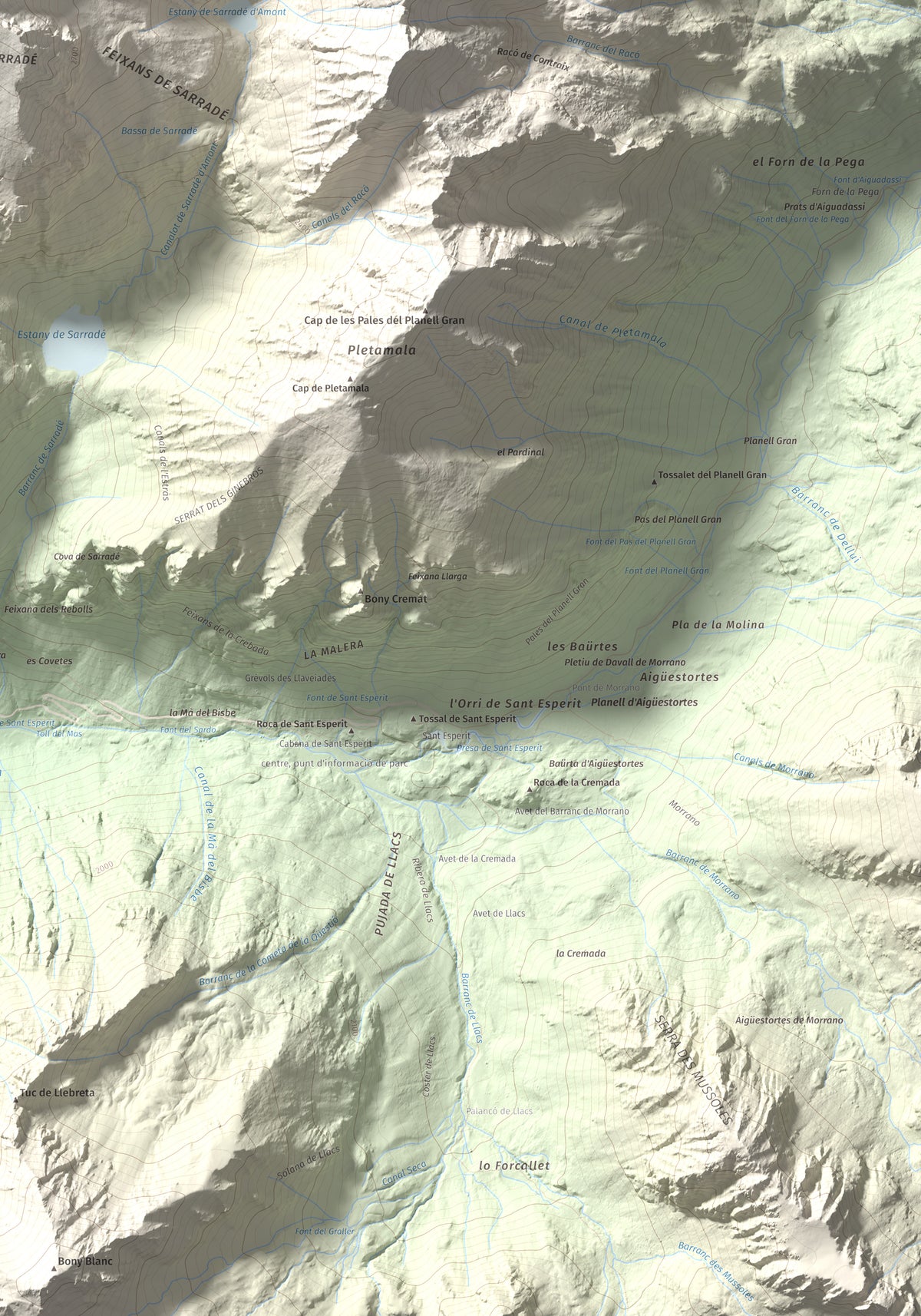 Mapa de relieve de Pic de la Pala Alta de Sarradé, 2983 m, Alta Ribagorça, lámina 100 Cims de Trobart. Detalle de la zona inferior derecha. 70 × 100 cm.