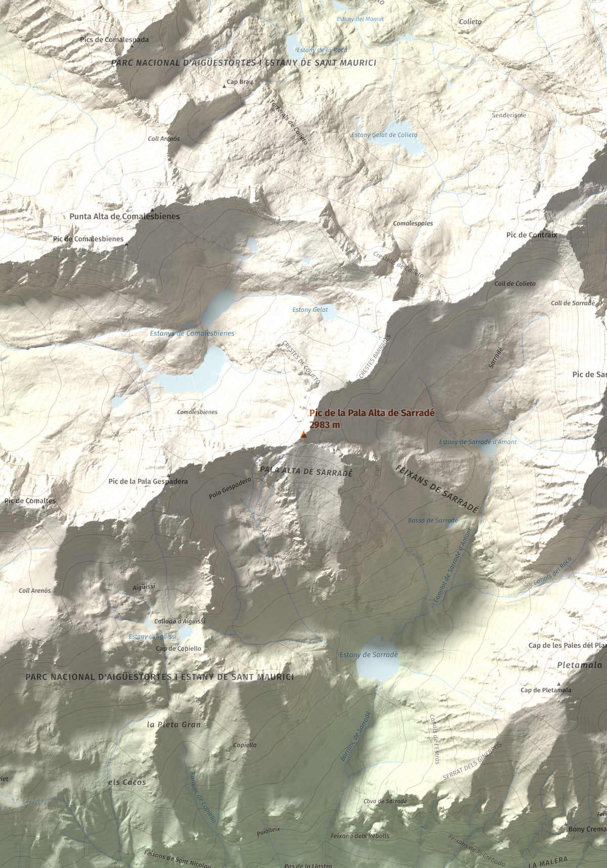Mapa de relieve de Pic de la Pala Alta de Sarradé, 2983 m, Alta Ribagorça, lámina 100 Cims de Trobart. Detalle de la zona central. 70 × 100 cm.