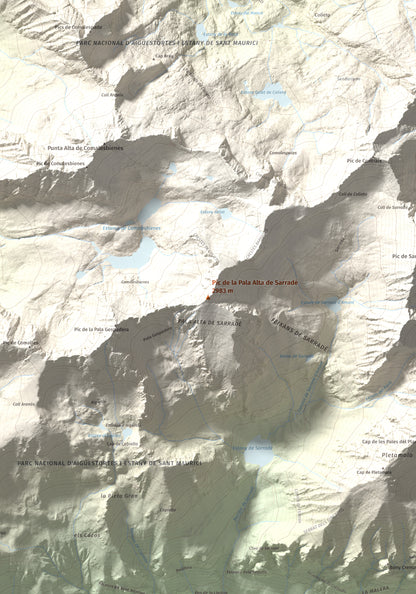 Mapa de relieve de Pic de la Pala Alta de Sarradé, 2983 m, Alta Ribagorça, lámina 100 Cims de Trobart. Detalle de la zona central. 70 × 100 cm.