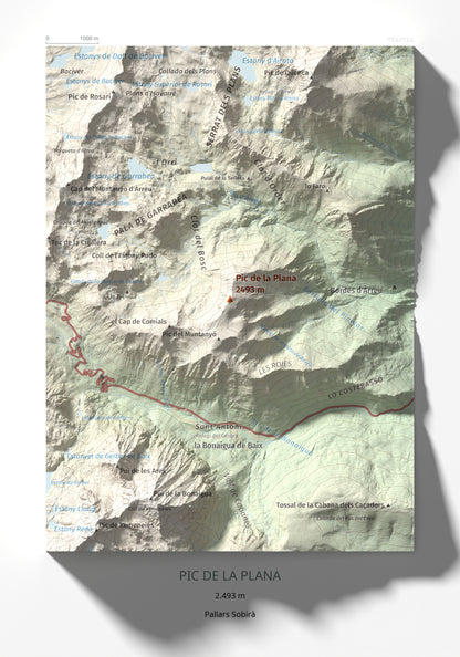 Mapa de relieve de Pic de la Plana, 2493 m, Pallars Sobirà, lámina 100 Cims de Trobart 21 × 30 cm.