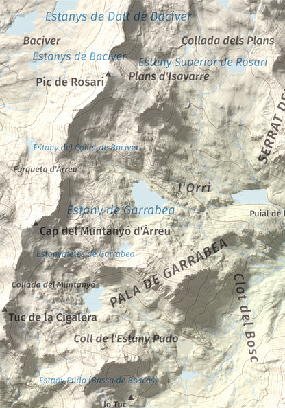 Mapa de relieve de Pic de la Plana, 2493 m, Pallars Sobirà, lámina 100 Cims de Trobart. Detalle de la zona superior izquierda. 21 × 30 cm.