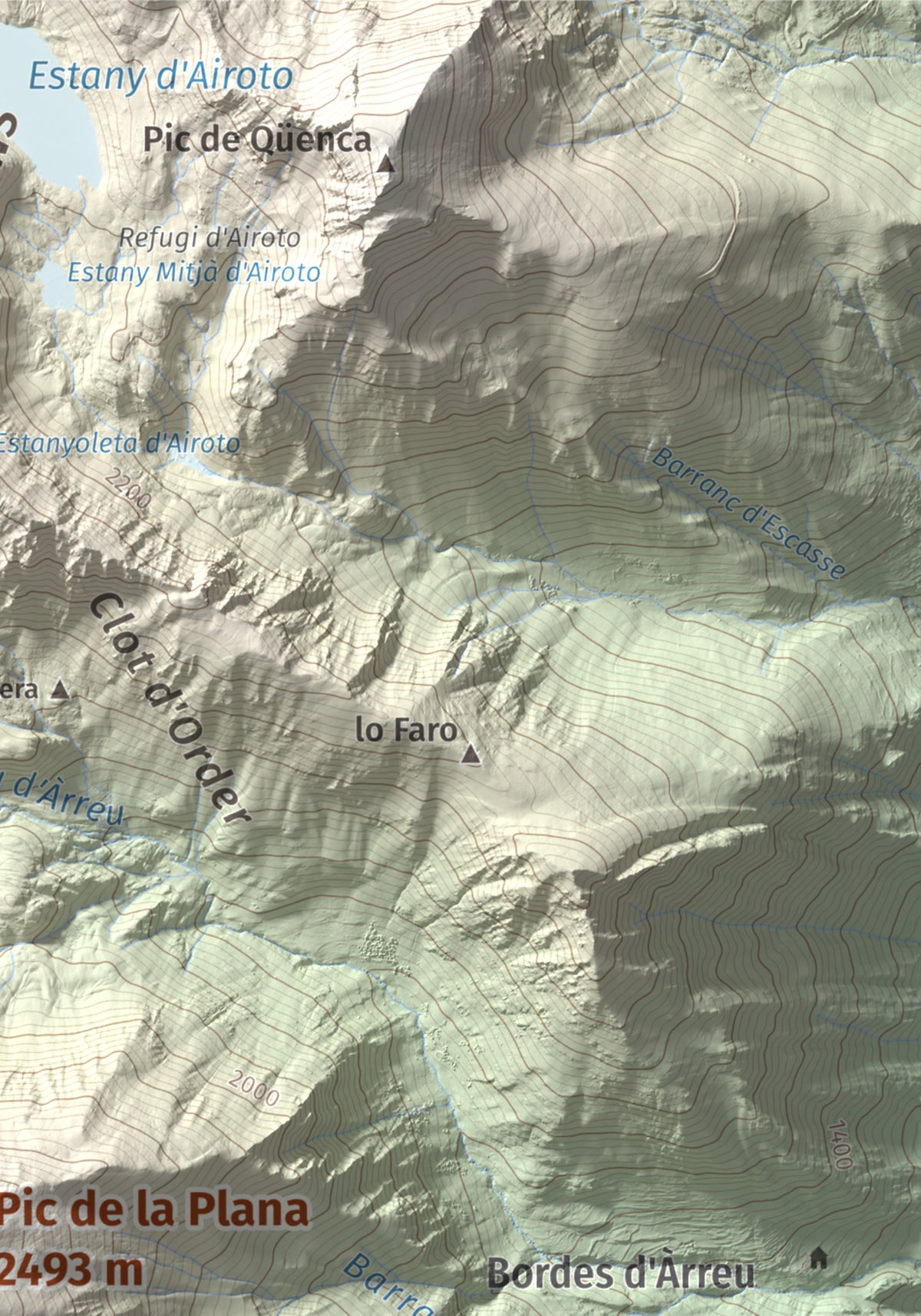 Mapa de relieve de Pic de la Plana, 2493 m, Pallars Sobirà, lámina 100 Cims de Trobart. Detalle de la zona superior derecha. 21 × 30 cm.