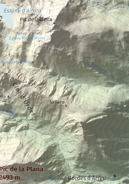 Mapa de relieve de Pic de la Plana, 2493 m, Pallars Sobirà, lámina 100 Cims de Trobart. Detalle de la zona superior derecha. 21 × 30 cm.