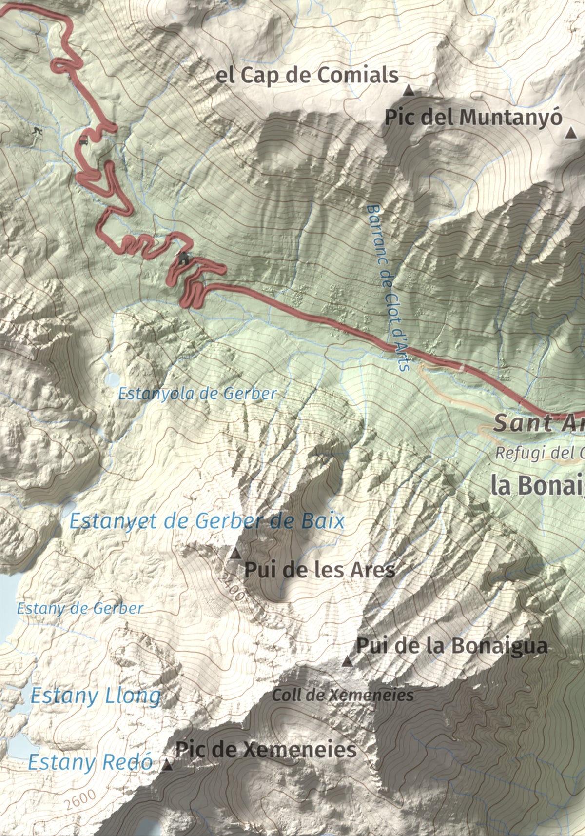 Mapa de relieve de Pic de la Plana, 2493 m, Pallars Sobirà, lámina 100 Cims de Trobart. Detalle de la zona inferior izquierda. 21 × 30 cm.