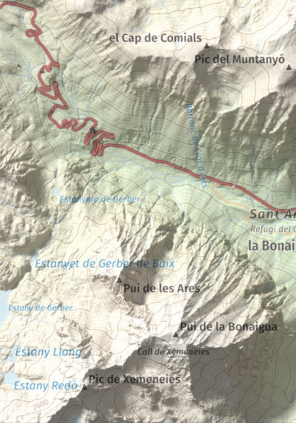 Mapa de relieve de Pic de la Plana, 2493 m, Pallars Sobirà, lámina 100 Cims de Trobart. Detalle de la zona inferior izquierda. 21 × 30 cm.