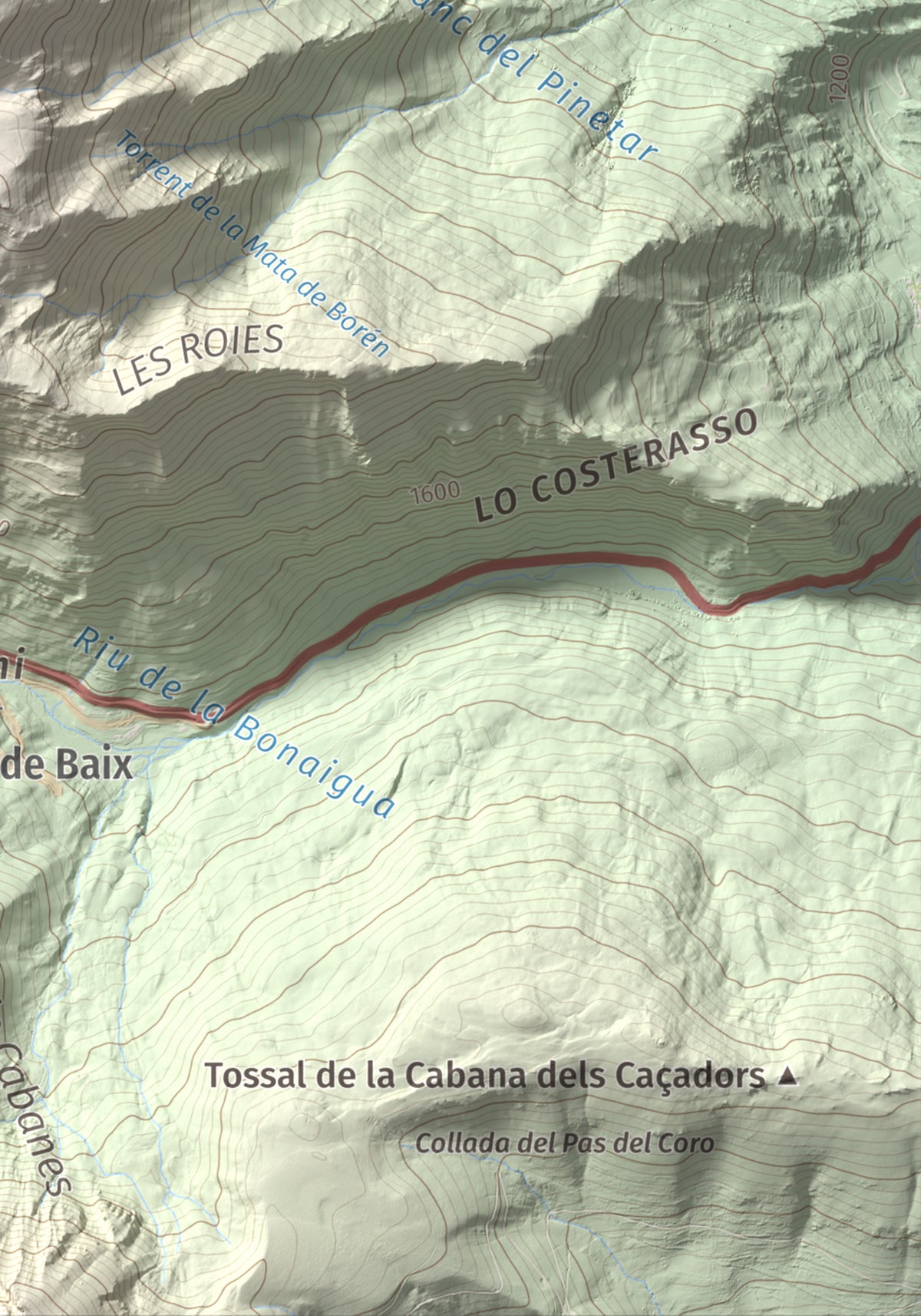 Mapa de relieve de Pic de la Plana, 2493 m, Pallars Sobirà, lámina 100 Cims de Trobart. Detalle de la zona inferior derecha. 21 × 30 cm.