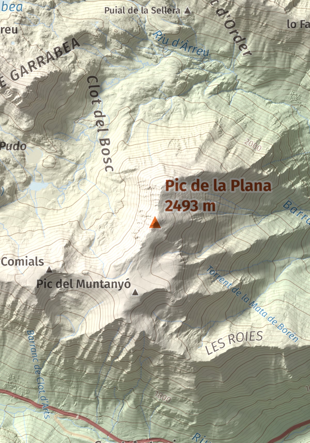 Mapa de relieve de Pic de la Plana, 2493 m, Pallars Sobirà, lámina 100 Cims de Trobart. Detalle de la zona central. 21 × 30 cm.