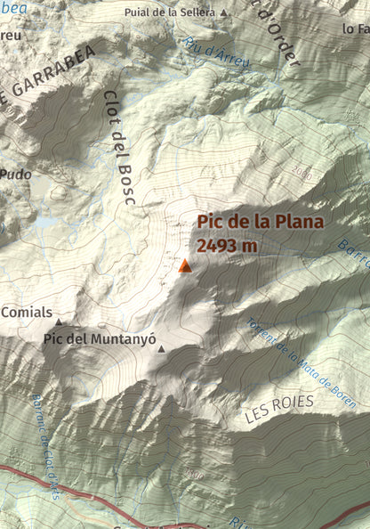 Mapa de relieve de Pic de la Plana, 2493 m, Pallars Sobirà, lámina 100 Cims de Trobart. Detalle de la zona central. 21 × 30 cm.