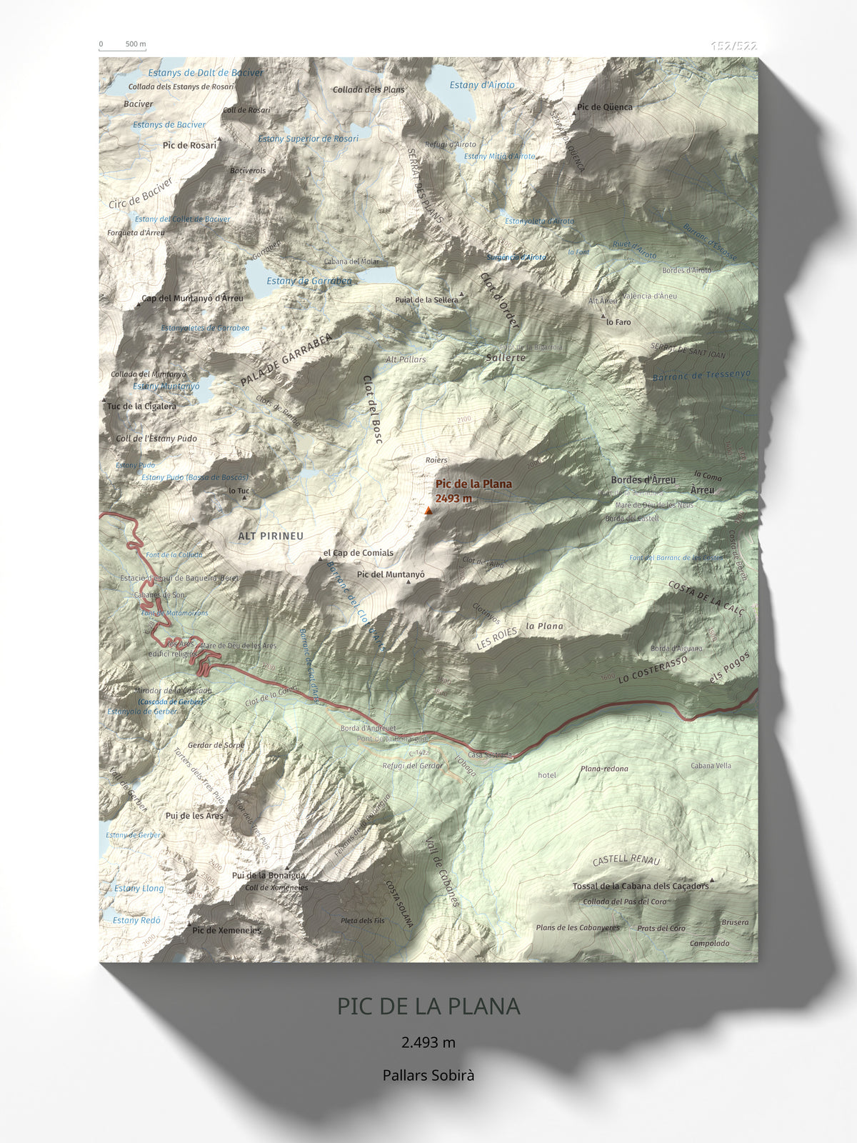 Mapa de relieve de Pic de la Plana, 2493 m, Pallars Sobirà, lámina 100 Cims de Trobart 30 × 40 cm.