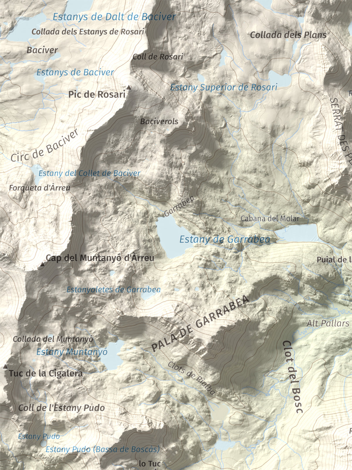 Mapa de relieve de Pic de la Plana, 2493 m, Pallars Sobirà, lámina 100 Cims de Trobart. Detalle de la zona superior izquierda. 30 × 40 cm.