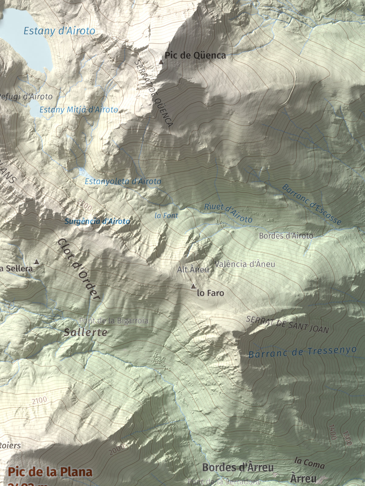 Mapa de relieve de Pic de la Plana, 2493 m, Pallars Sobirà, lámina 100 Cims de Trobart. Detalle de la zona superior derecha. 30 × 40 cm.