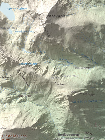Mapa de relieve de Pic de la Plana, 2493 m, Pallars Sobirà, lámina 100 Cims de Trobart. Detalle de la zona superior derecha. 30 × 40 cm.