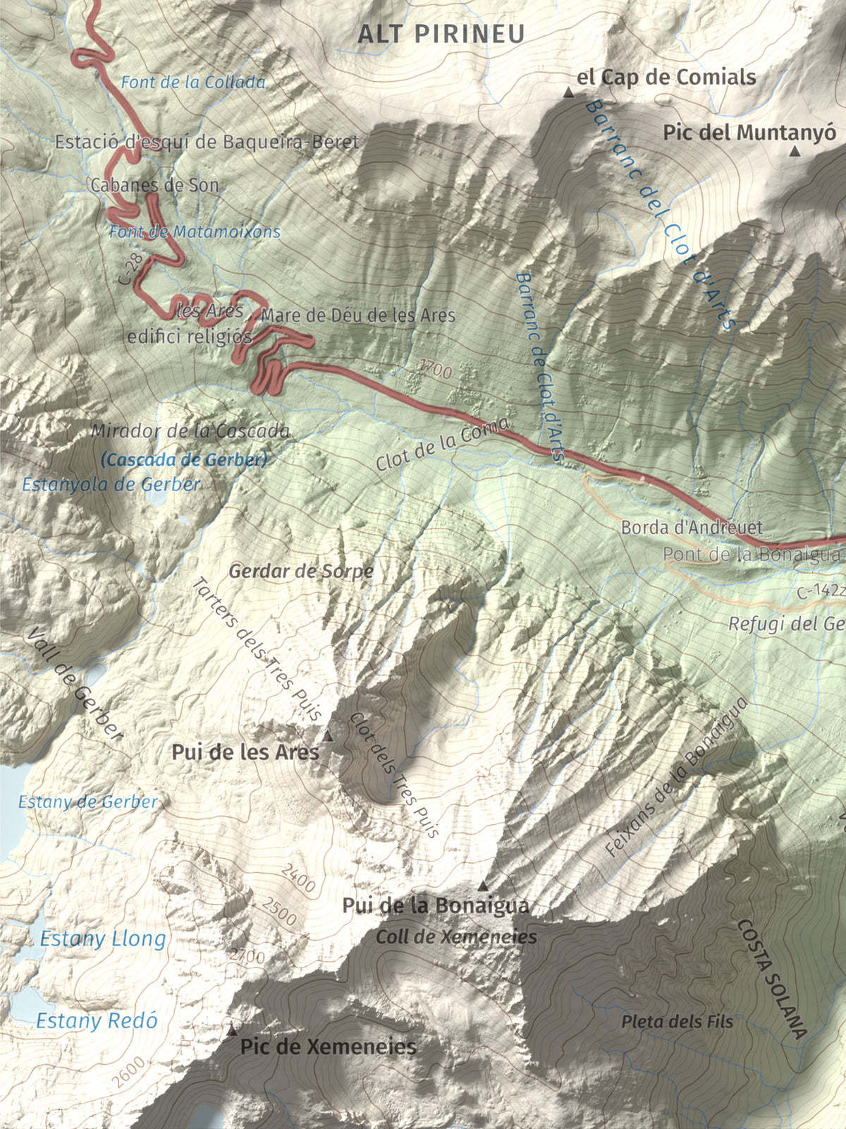 Mapa de relieve de Pic de la Plana, 2493 m, Pallars Sobirà, lámina 100 Cims de Trobart. Detalle de la zona inferior izquierda. 30 × 40 cm.
