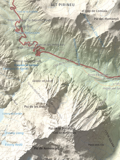 Mapa de relieve de Pic de la Plana, 2493 m, Pallars Sobirà, lámina 100 Cims de Trobart. Detalle de la zona inferior izquierda. 30 × 40 cm.