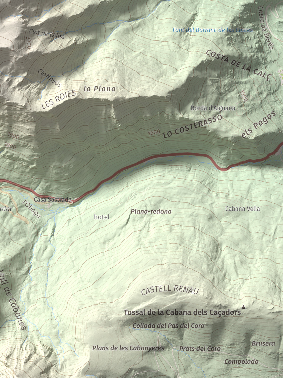 Mapa de relieve de Pic de la Plana, 2493 m, Pallars Sobirà, lámina 100 Cims de Trobart. Detalle de la zona inferior derecha. 30 × 40 cm.