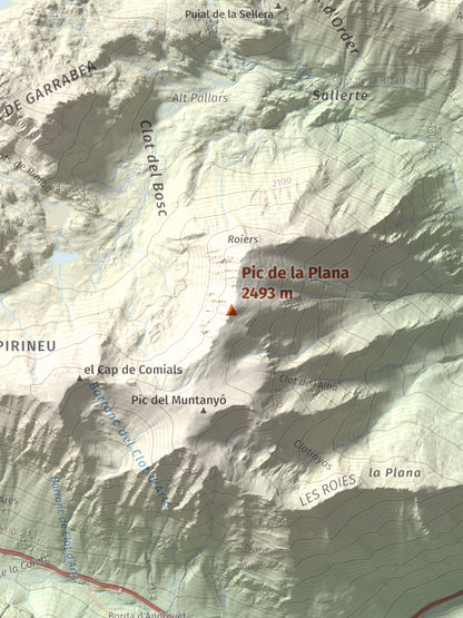 Mapa de relieve de Pic de la Plana, 2493 m, Pallars Sobirà, lámina 100 Cims de Trobart. Detalle de la zona central. 30 × 40 cm.