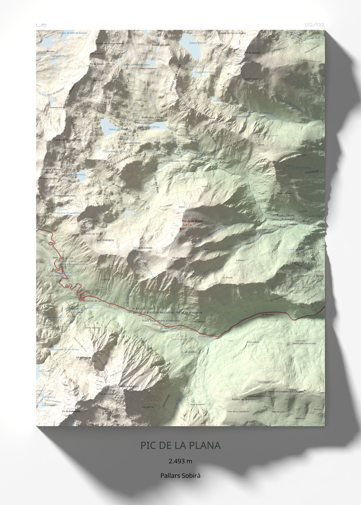 Mapa de relieve de Pic de la Plana, 2493 m, Pallars Sobirà, lámina 100 Cims de Trobart 50 × 70 cm.