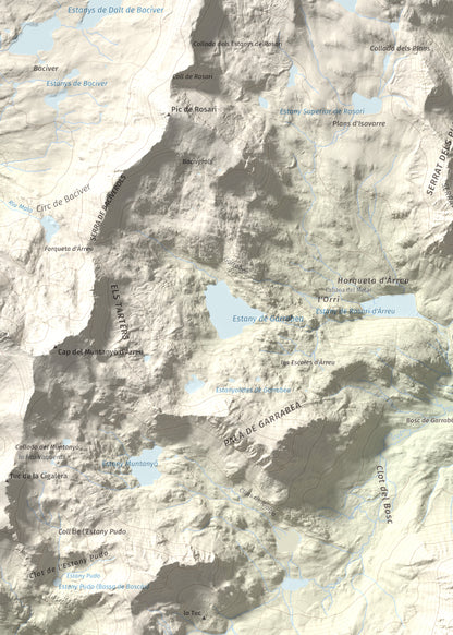 Mapa de relieve de Pic de la Plana, 2493 m, Pallars Sobirà, lámina 100 Cims de Trobart. Detalle de la zona superior izquierda. 50 × 70 cm.