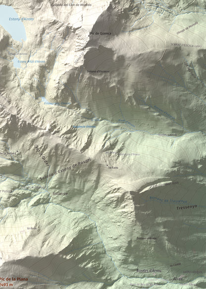 Mapa de relieve de Pic de la Plana, 2493 m, Pallars Sobirà, lámina 100 Cims de Trobart. Detalle de la zona superior derecha. 50 × 70 cm.