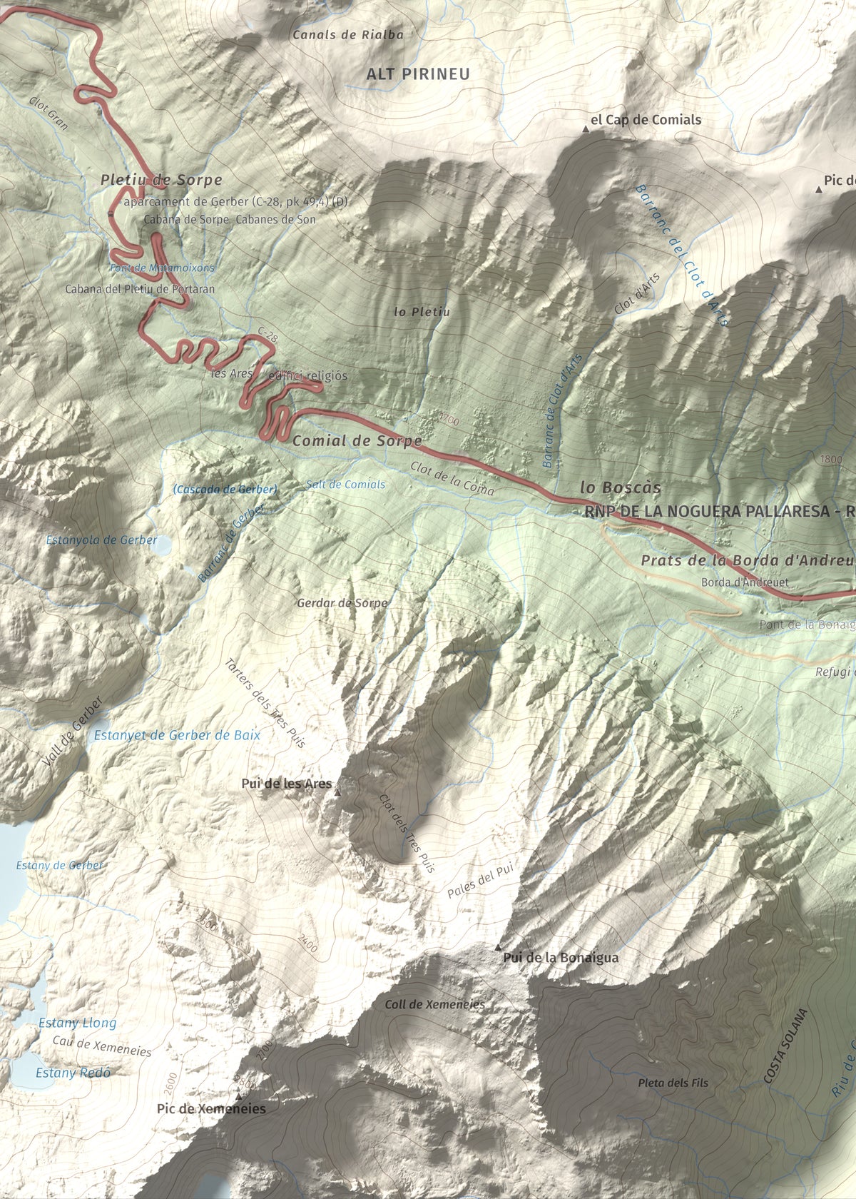 Mapa de relieve de Pic de la Plana, 2493 m, Pallars Sobirà, lámina 100 Cims de Trobart. Detalle de la zona inferior izquierda. 50 × 70 cm.