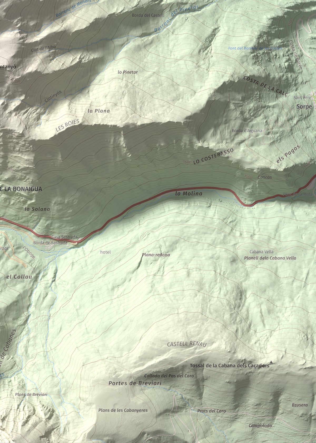 Mapa de relieve de Pic de la Plana, 2493 m, Pallars Sobirà, lámina 100 Cims de Trobart. Detalle de la zona inferior derecha. 50 × 70 cm.