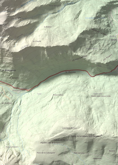 Mapa de relieve de Pic de la Plana, 2493 m, Pallars Sobirà, lámina 100 Cims de Trobart. Detalle de la zona inferior derecha. 50 × 70 cm.