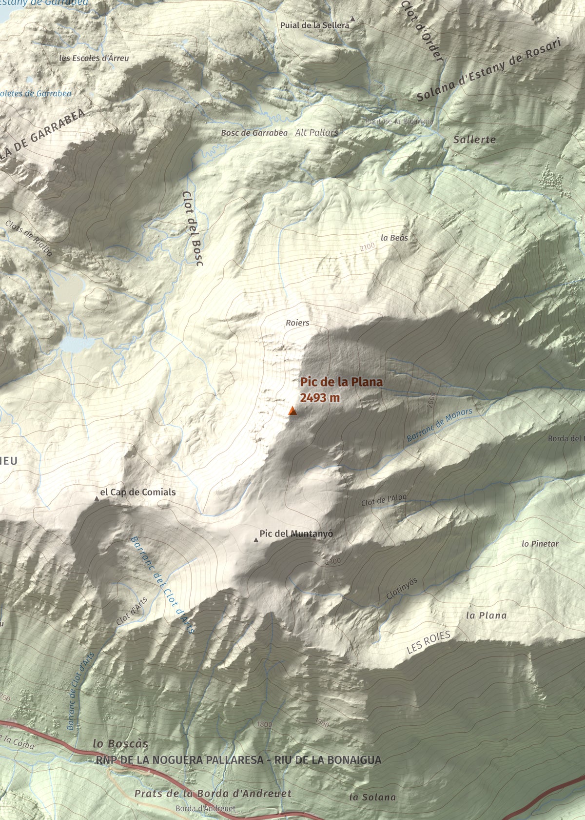 Mapa de relieve de Pic de la Plana, 2493 m, Pallars Sobirà, lámina 100 Cims de Trobart. Detalle de la zona central. 50 × 70 cm.
