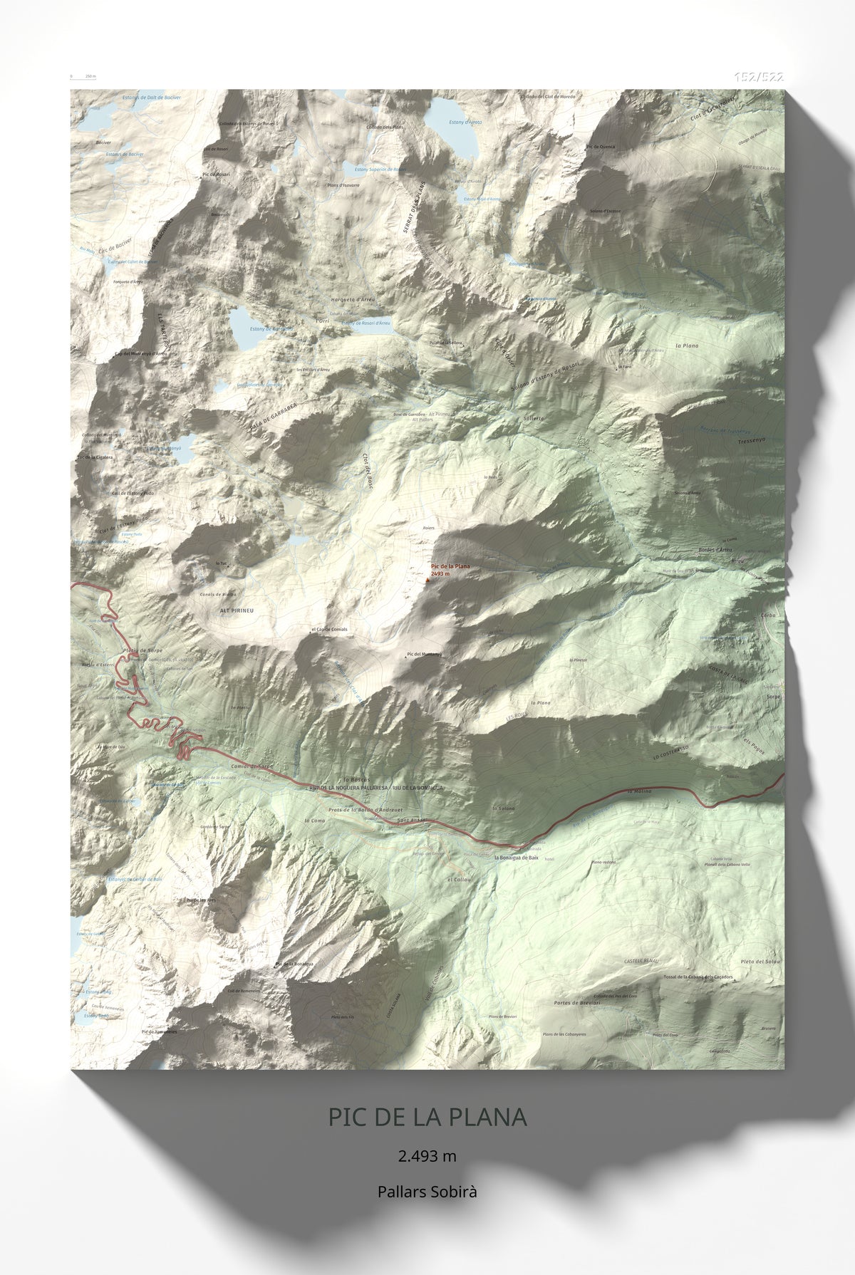 Mapa de relieve de Pic de la Plana, 2493 m, Pallars Sobirà, lámina 100 Cims de Trobart 61 × 91 cm.