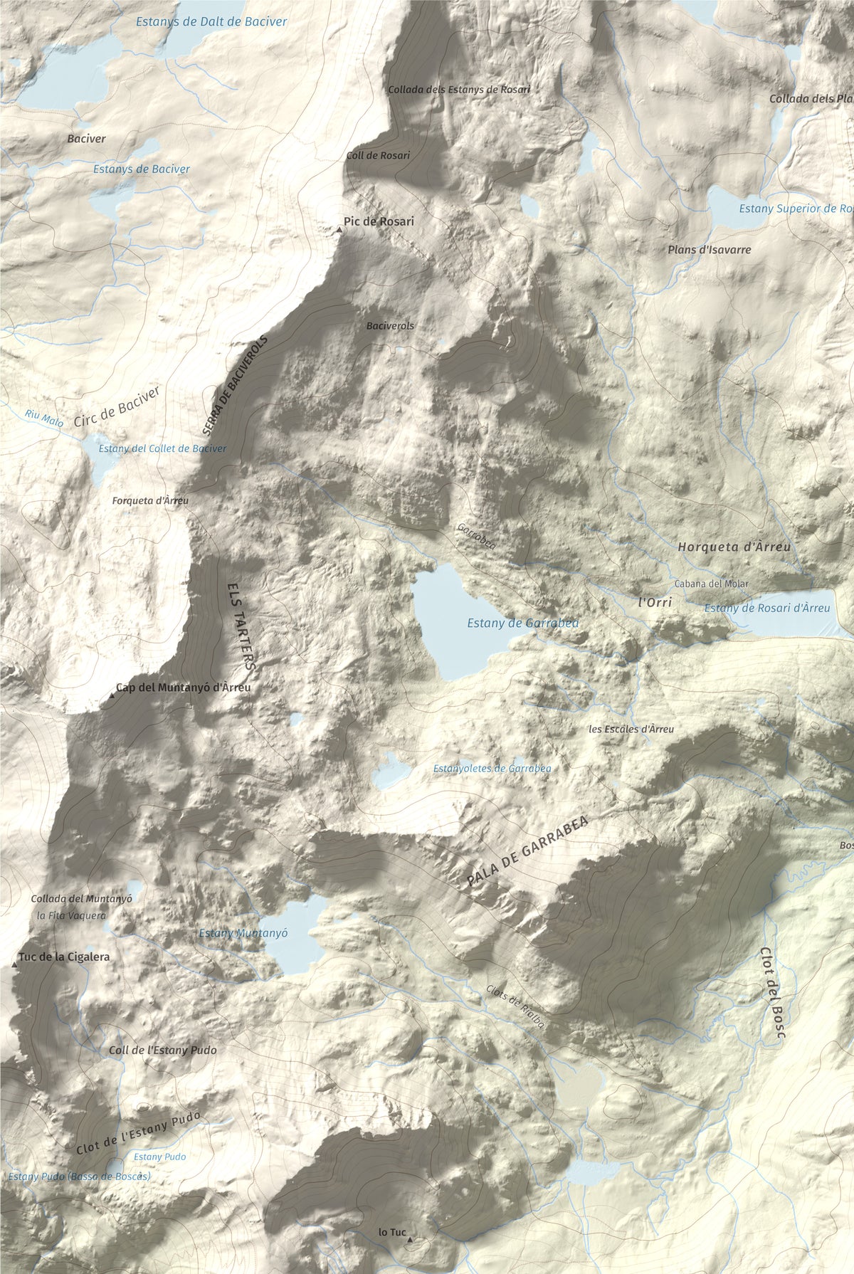 Mapa de relieve de Pic de la Plana, 2493 m, Pallars Sobirà, lámina 100 Cims de Trobart. Detalle de la zona superior izquierda. 61 × 91 cm.