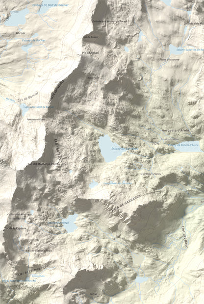 Mapa de relieve de Pic de la Plana, 2493 m, Pallars Sobirà, lámina 100 Cims de Trobart. Detalle de la zona superior izquierda. 61 × 91 cm.