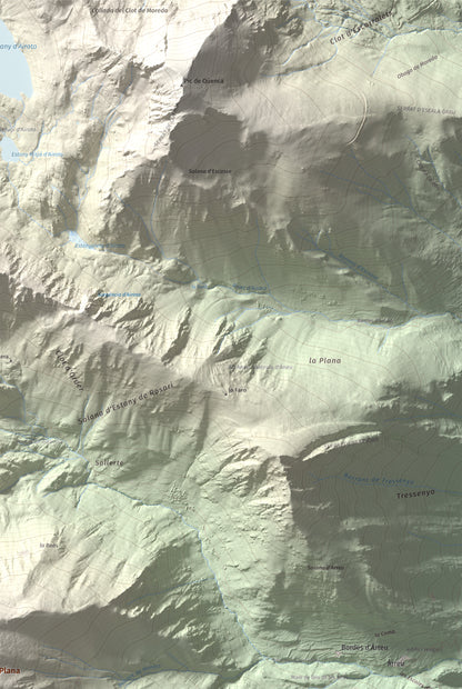 Mapa de relieve de Pic de la Plana, 2493 m, Pallars Sobirà, lámina 100 Cims de Trobart. Detalle de la zona superior derecha. 61 × 91 cm.