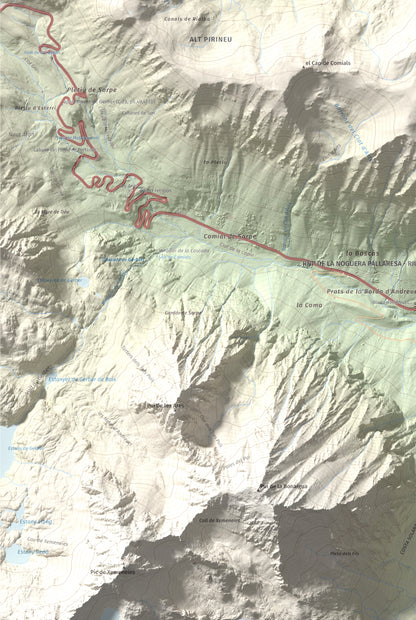 Mapa de relieve de Pic de la Plana, 2493 m, Pallars Sobirà, lámina 100 Cims de Trobart. Detalle de la zona inferior izquierda. 61 × 91 cm.