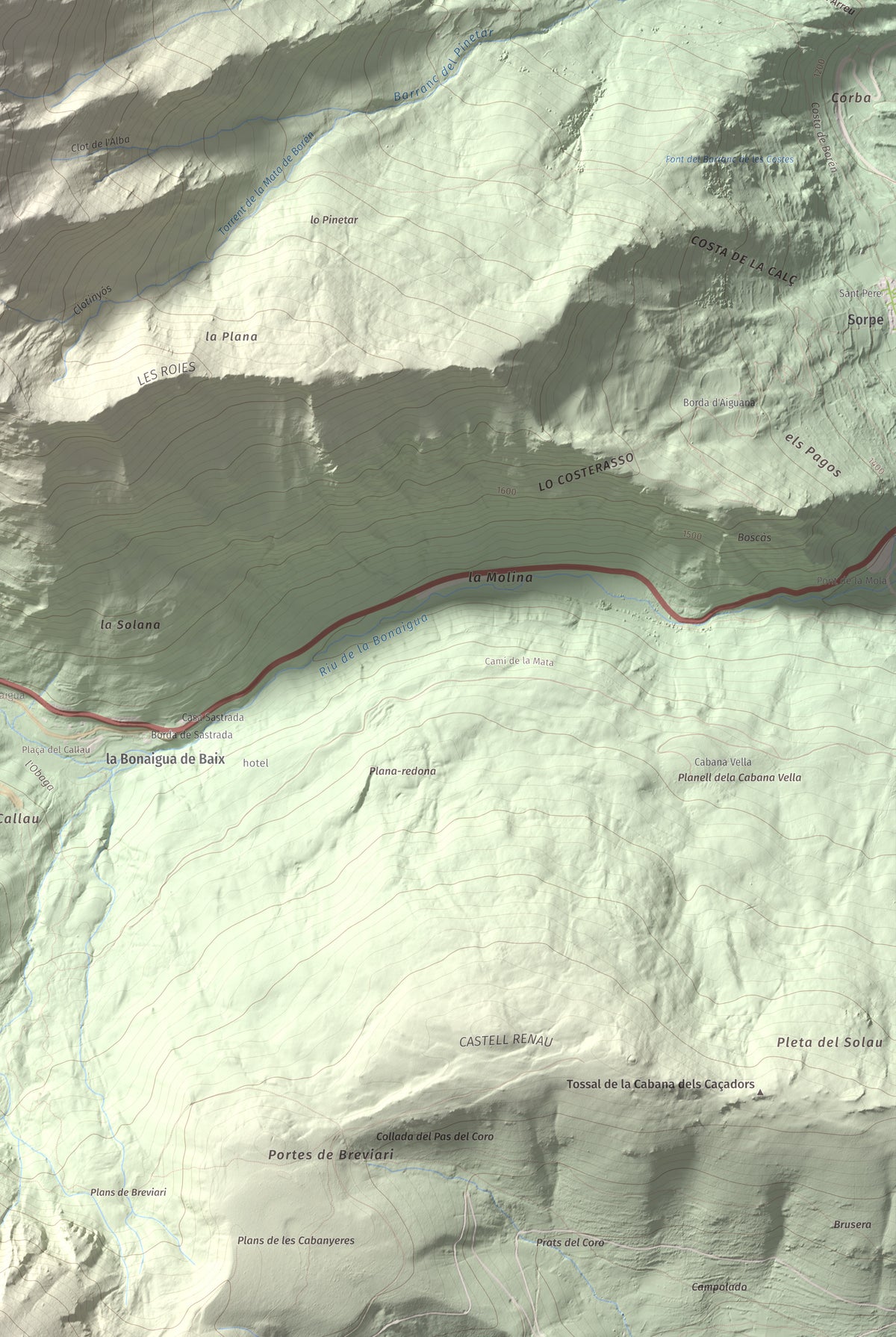 Mapa de relieve de Pic de la Plana, 2493 m, Pallars Sobirà, lámina 100 Cims de Trobart. Detalle de la zona inferior derecha. 61 × 91 cm.