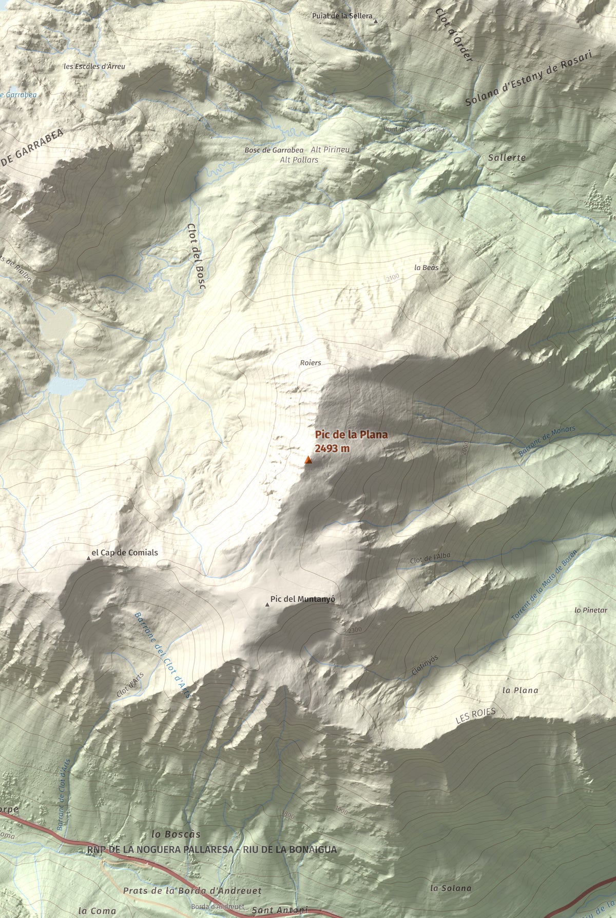 Mapa de relieve de Pic de la Plana, 2493 m, Pallars Sobirà, lámina 100 Cims de Trobart. Detalle de la zona central. 61 × 91 cm.